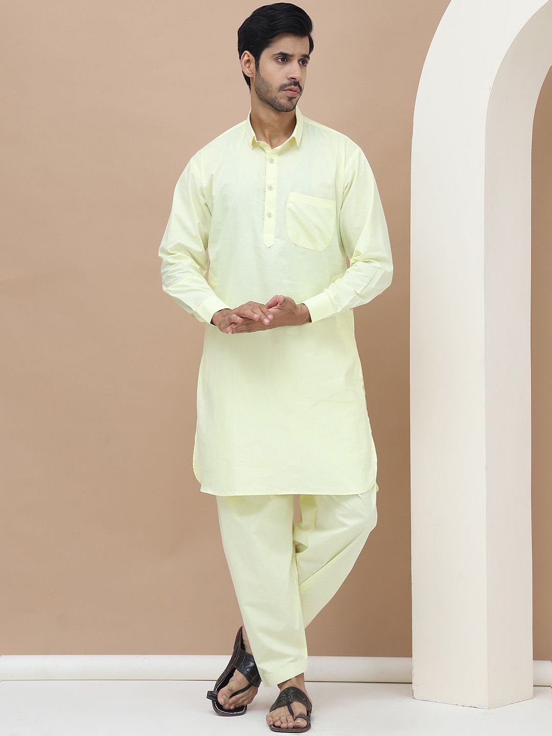 

TAG 7 Shirt Collar Cuffed Sleeves Pure Cotton Pathani Kurta With Salwar, Yellow