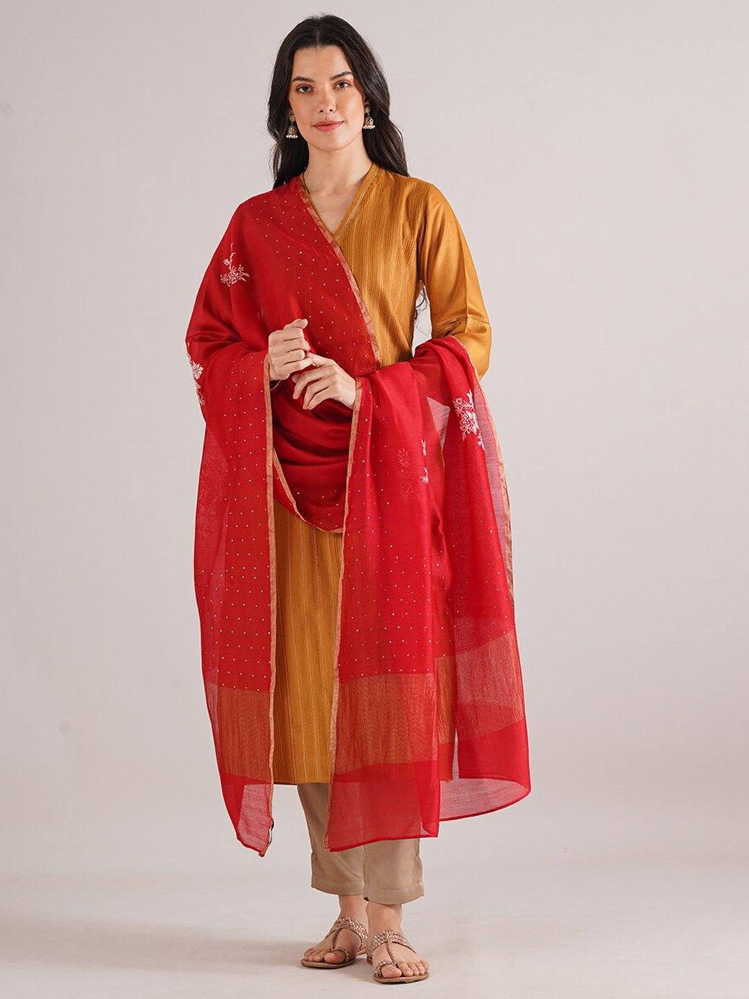 

JAYPORE Embroidered Cotton Silk Dupatta with Zari, Red