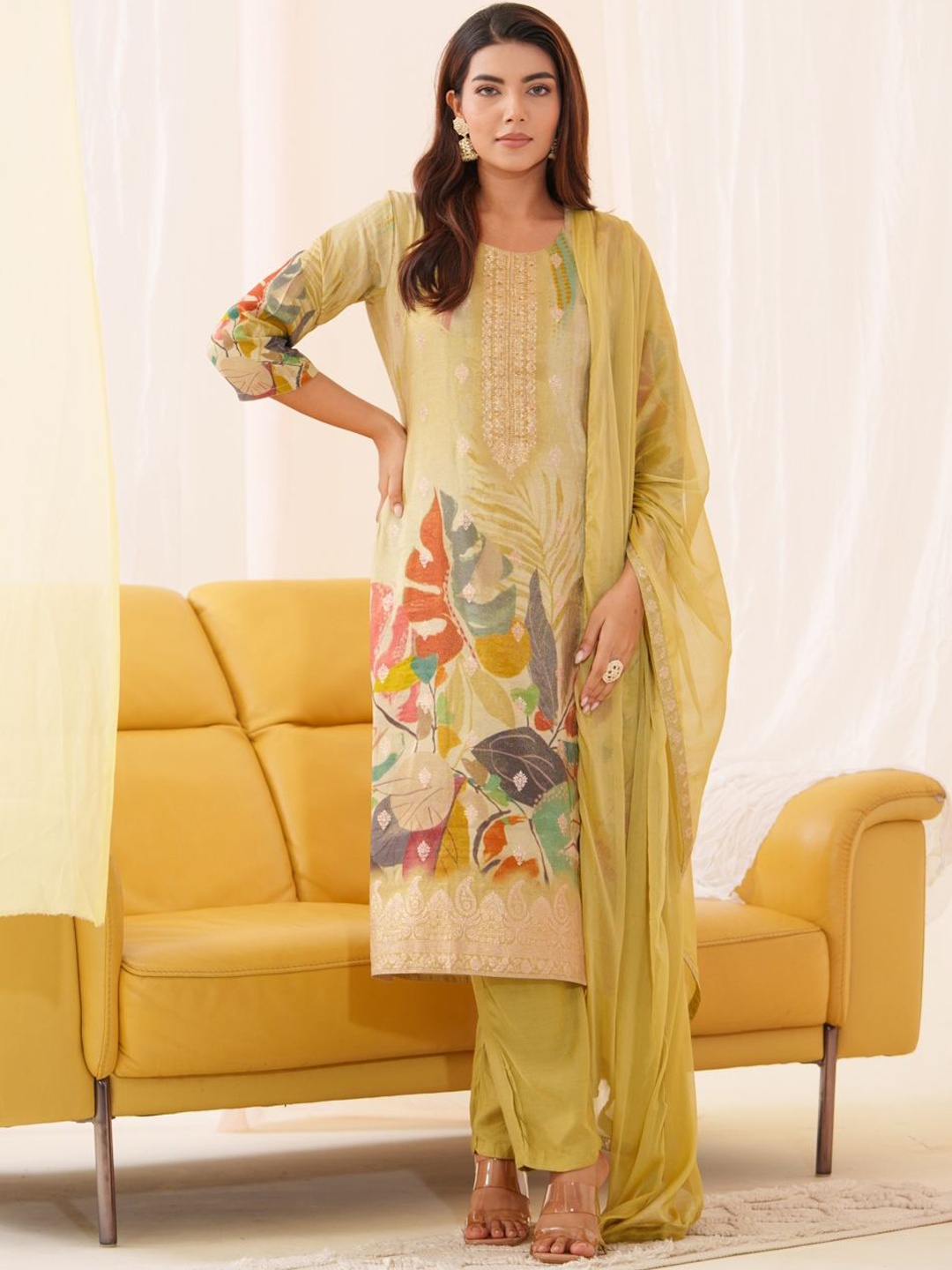 

House of Pataudi Floral Woven Design Georgette Straight Kurta With Trousers & Dupatta, Green