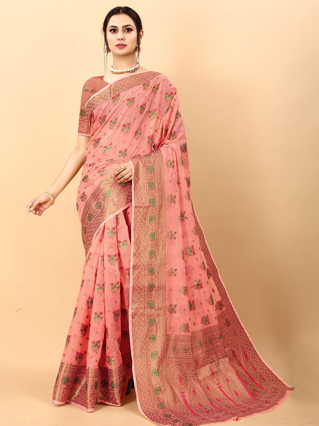 

Zeekha Woven Design Zari Pure Silk Kanjeevaram Saree, Peach