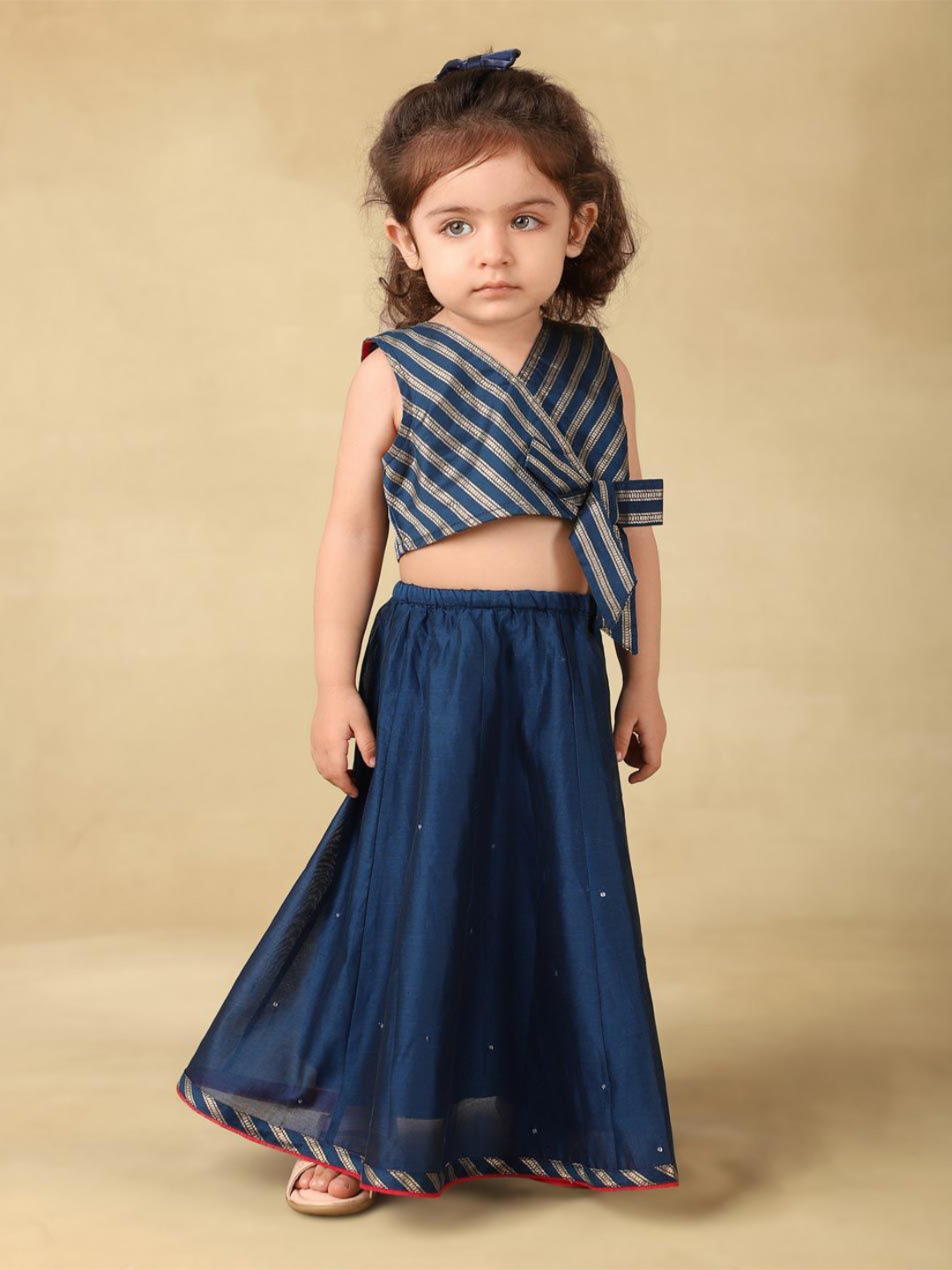 

Fabindia Girls Striped Cotton Silk Ready to Wear Lehenga & Blouse, Navy blue