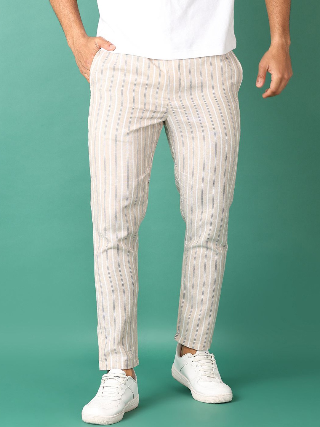 

V-Mart Men Striped Regular Fit Trousers, Beige