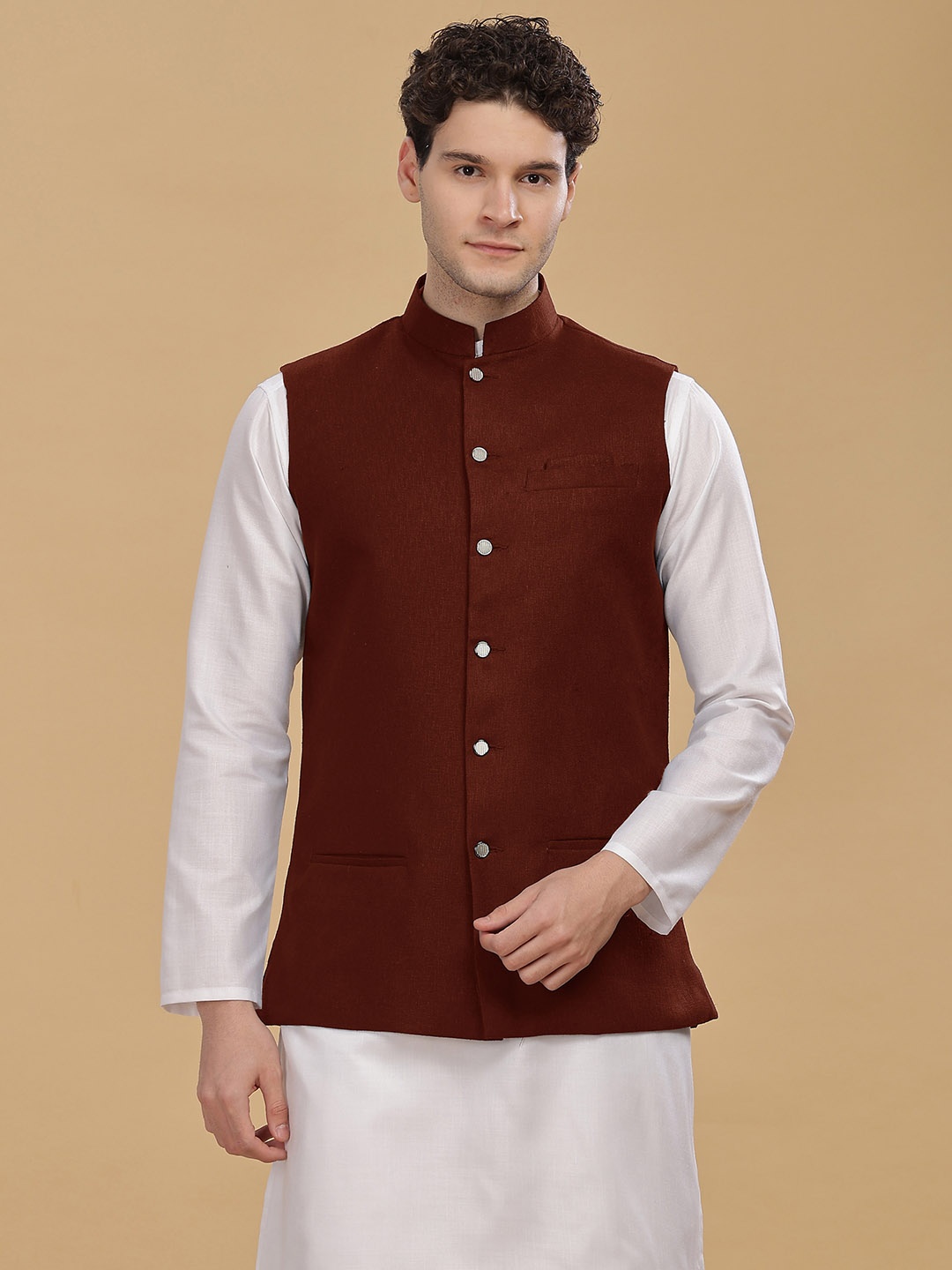 

Anouk Men Woven Cotton Nehru Jacket, Maroon