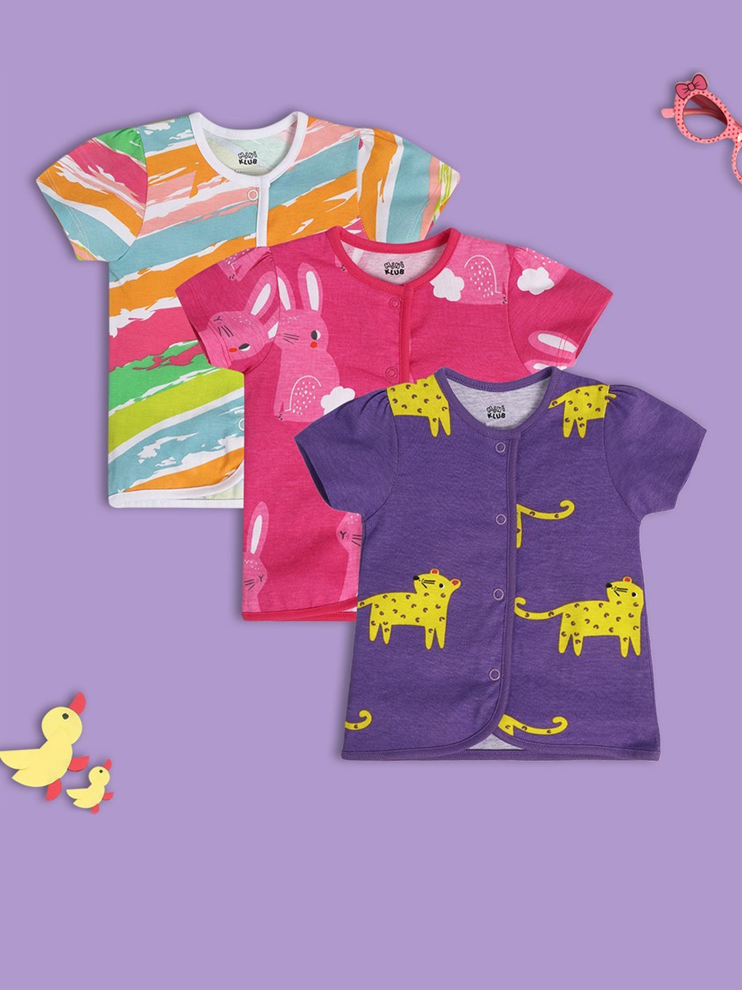 

MINI KLUB Infant Girls Pack Of 3 Printed Cotton Jhablas Tshirts, Purple