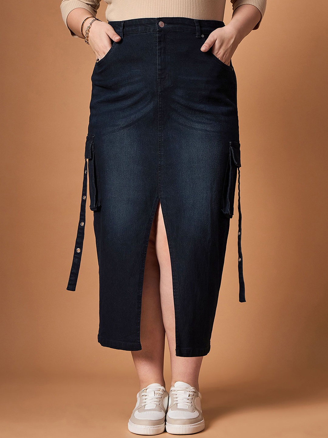 

SASSAFRAS Curve Denim Pencil Midi Length Skirt, Black