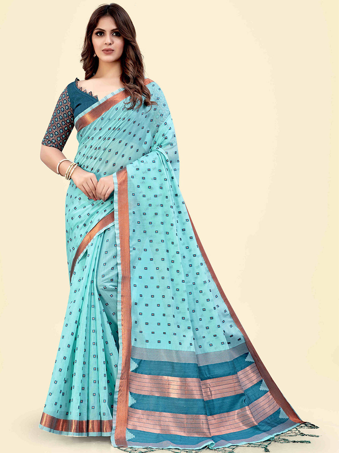 

SARHA Woven Design Zari Pure Cotton Saree, Blue
