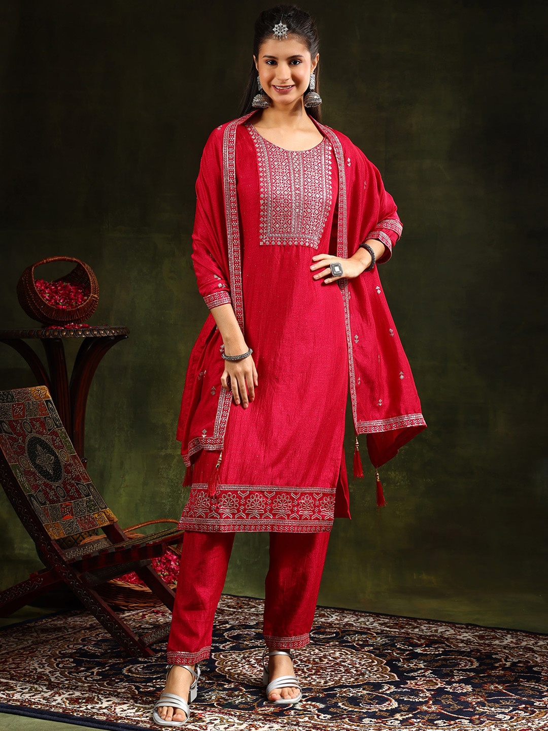 

KALINI Geometric Embroidered Sequinned Straight Kurta With Trousers & Dupatta, Pink