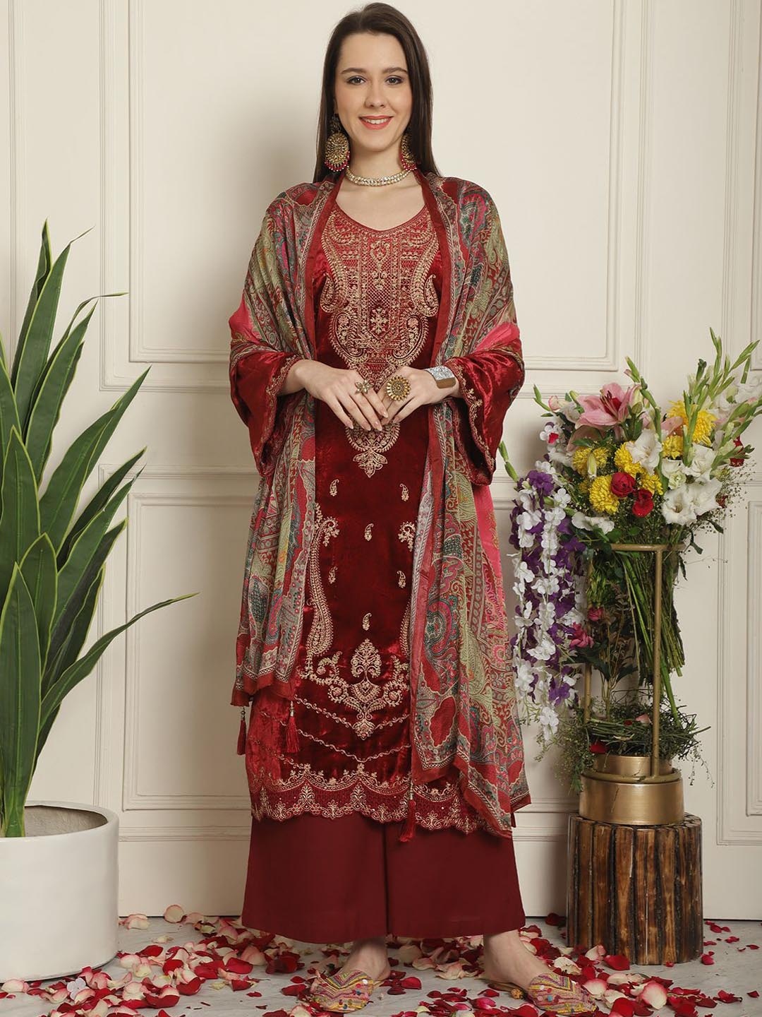 

Stylee LIFESTYLE Women Floral Embroidered Regular Velvet Kurta with Palazzos & With Dupatta, Maroon