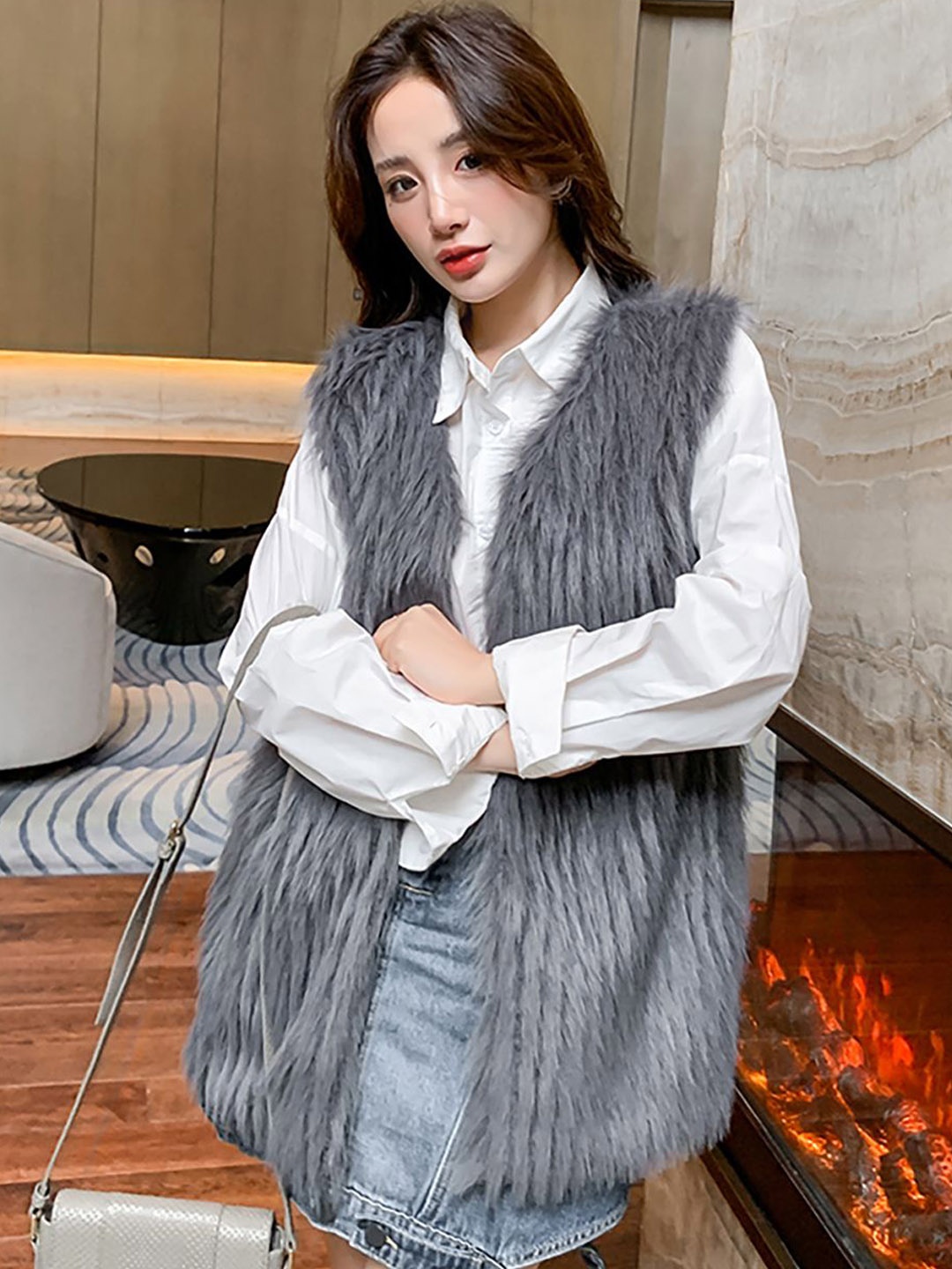 

JC Mode Front-Open Fur Overcoats, Grey