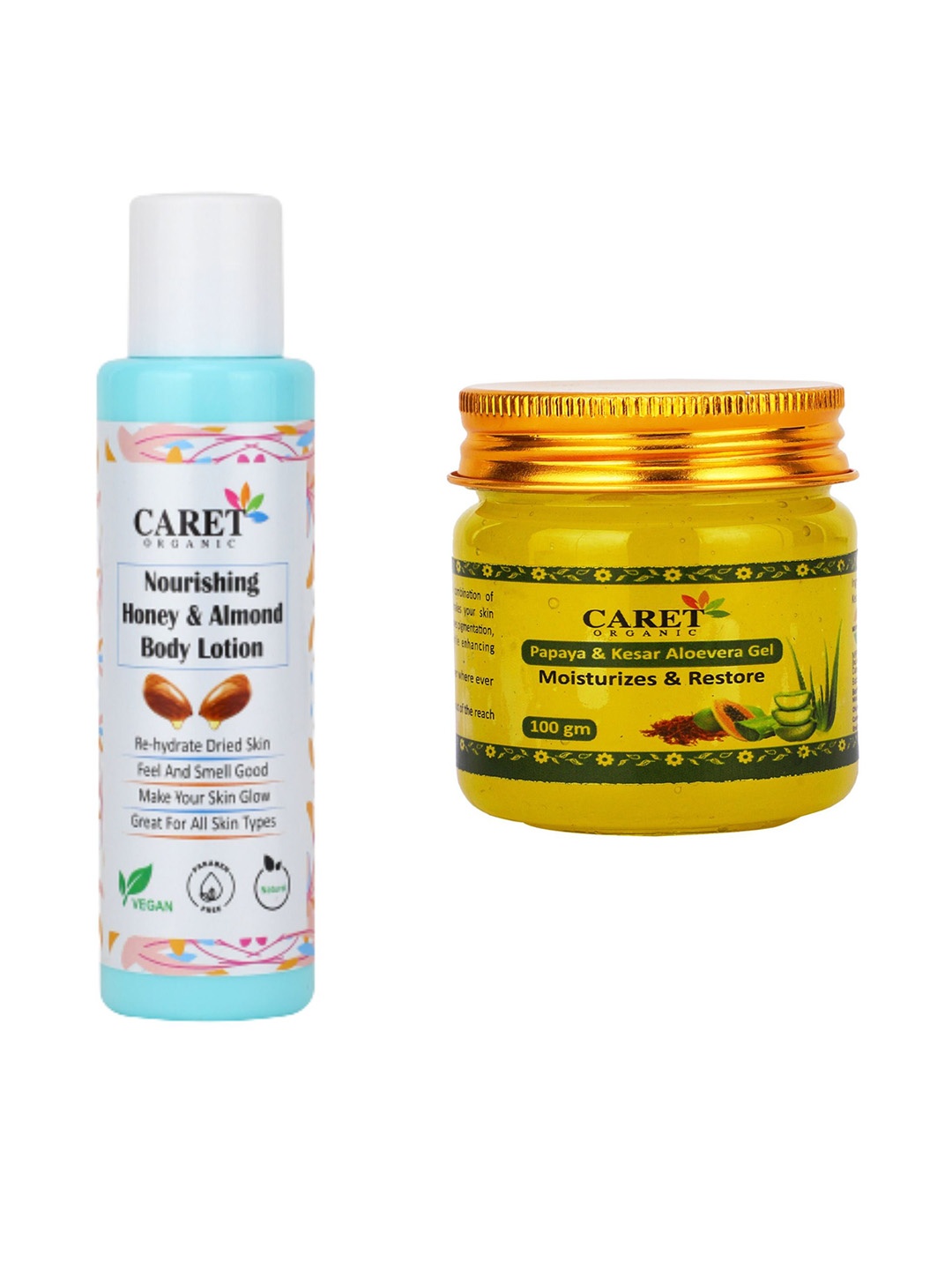 

CARET ORGANIC Honey & Almond Body Lotion 100 ml & Papaya & Kesar Aloe Vera Gel, White