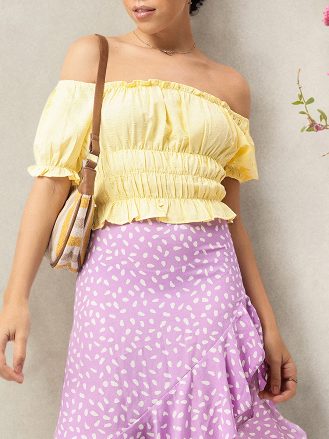 

DressBerry Sunshine Serenade Ruffle Detail Smocked Off-Shoulder Top, Yellow