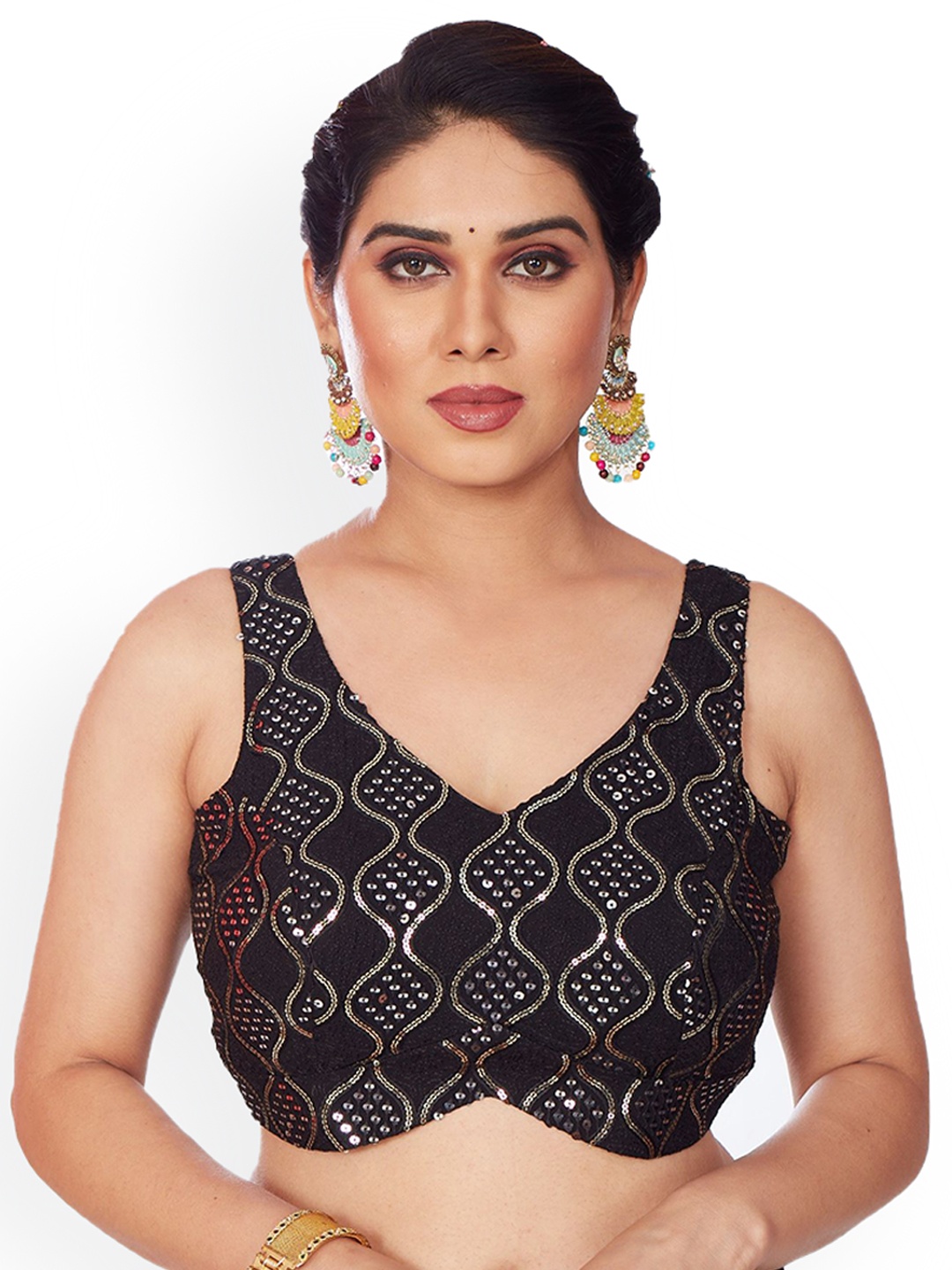 

Mmore Embroidered Padded Saree Blouse, Black