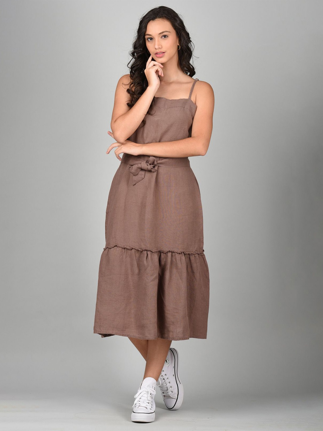 

Linen Options Women Linen Shoulder Straps A-Line Midi Dress, Brown