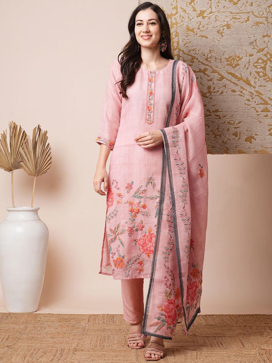 

FASHOR Peach Coloured Floral Printed Sequinned Jute Cotton Kurta with Trousers & Dupatta