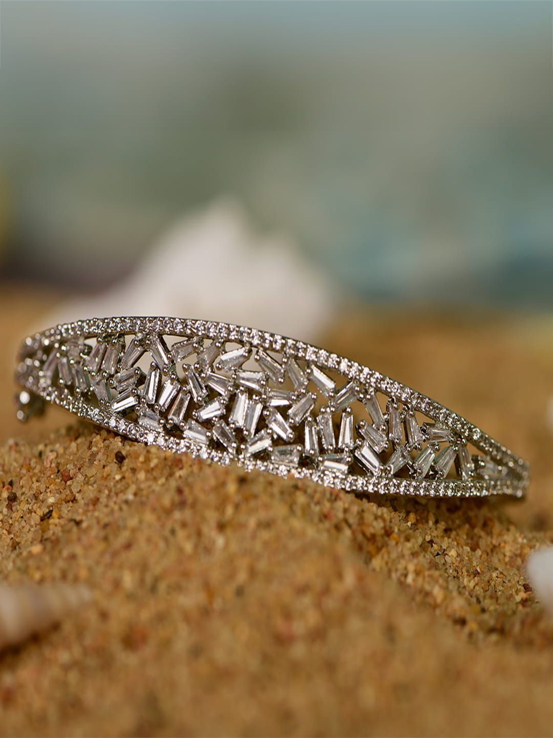 

SHARLEEZ Rhodium-Plated American Diamond Studded Kada Bracelet, Silver