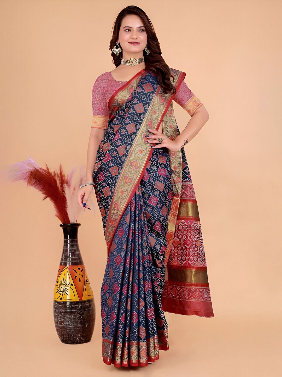 

Mitera Woven Design Zari Silk Blend Patola Saree, Navy blue