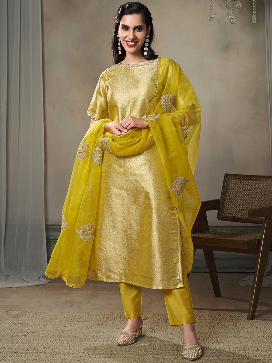 

Inddus Paisley Woven Design Kurta With Trousers & \Dupatta, Mustard