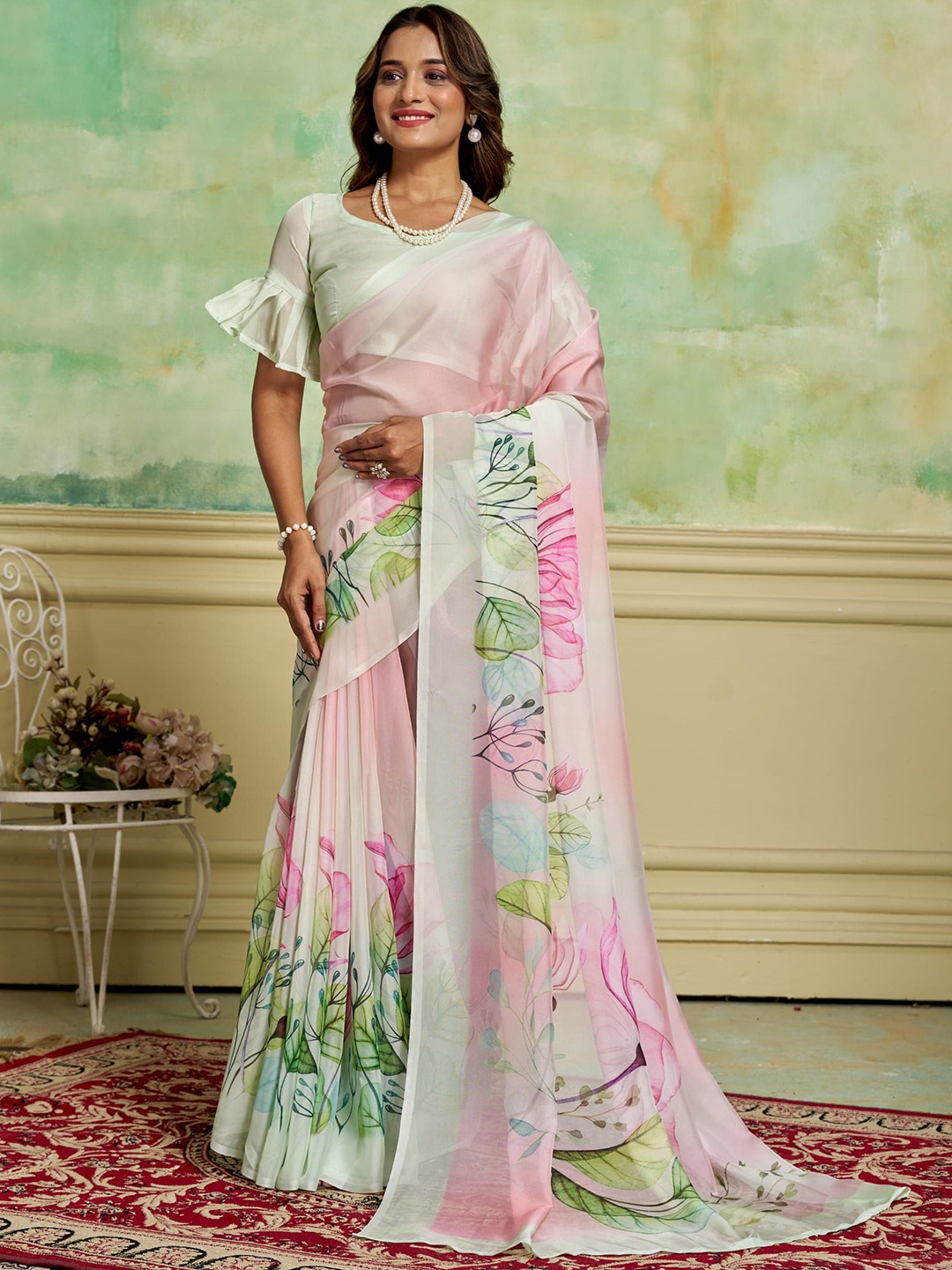 

KAYOMMI Floral Organza Saree, Green