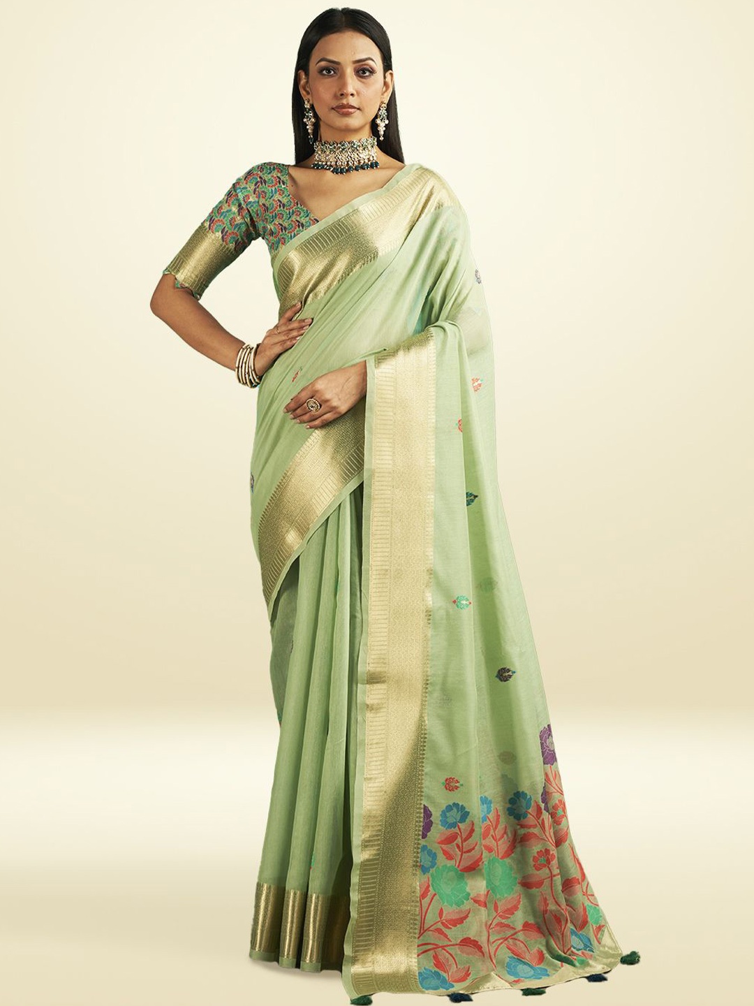 

SARHA Floral Zari Pure Cotton Saree, Green