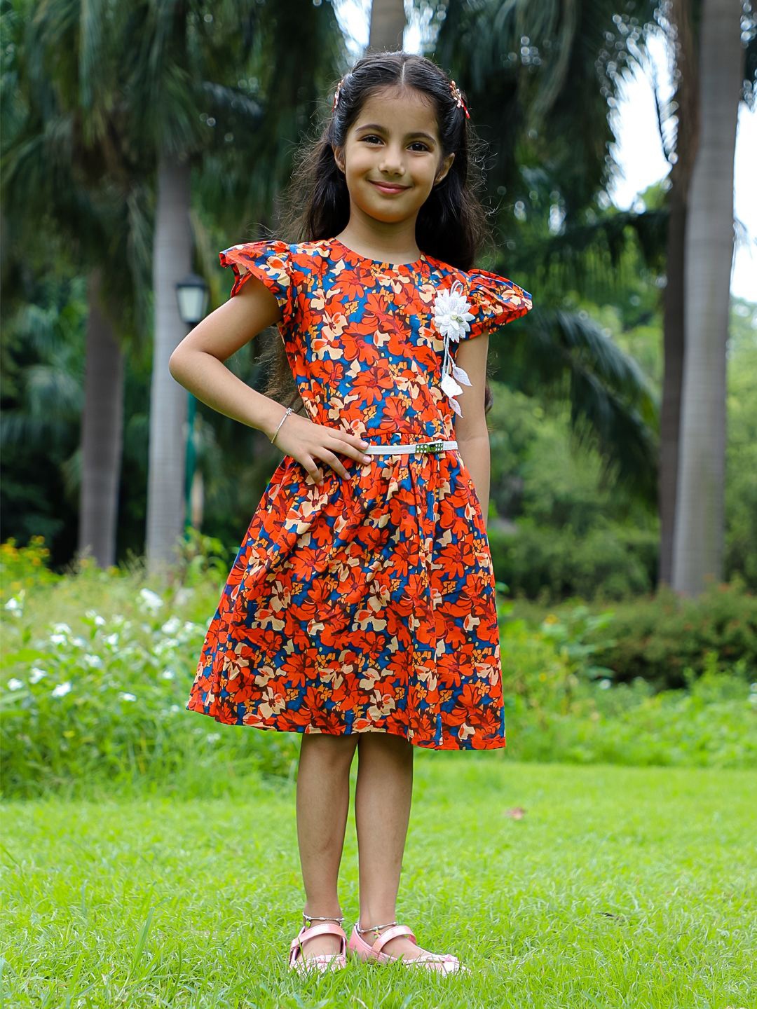 

Stuffie Land Girls Floral Printed Flutter Sleeve A-Line Dress, Red