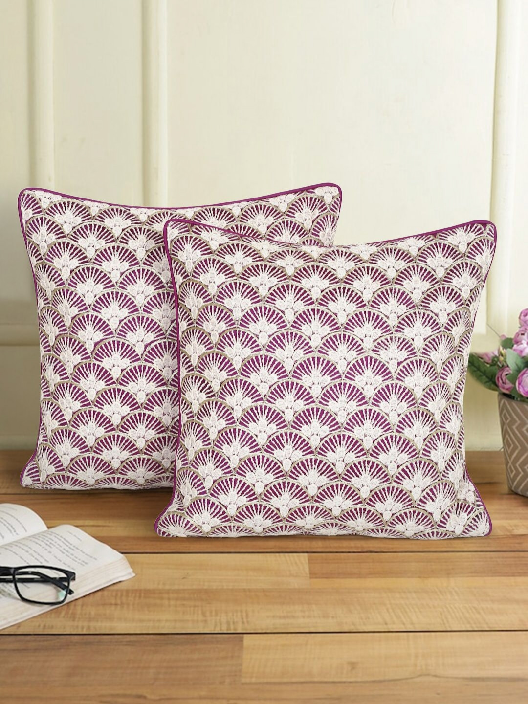 

eyda White & Purple 2 Pieces Floral Embroidered Square Cushion Covers