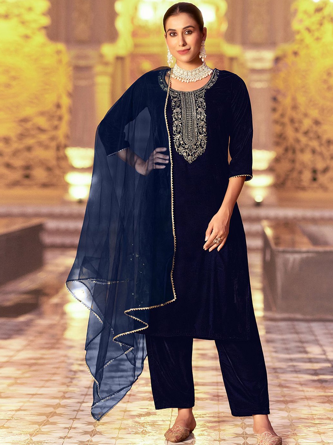 

SKYLEE Ethnic Motifs Embroidered Sequinned Velvet Straight Kurta with Trousers & Dupatta, Blue