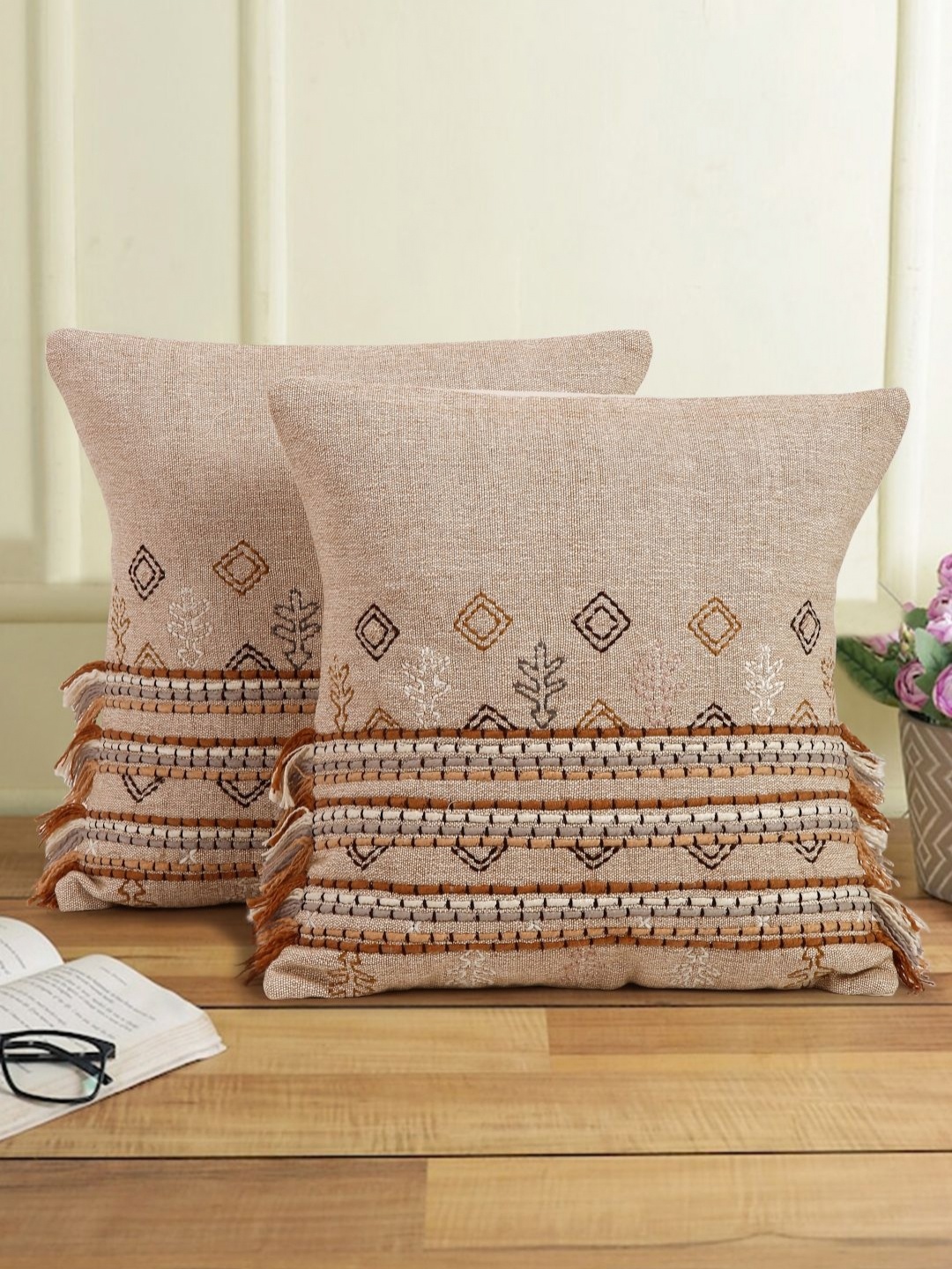 

eyda Beige & Black 2 Pieces Embroidered Cotton Square Cushion Covers