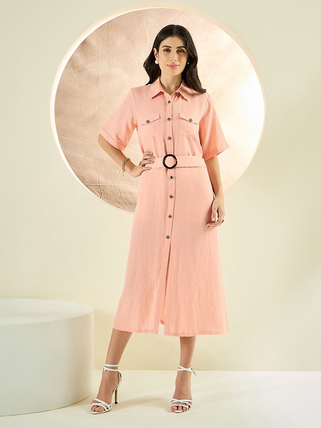 

First Resort by Ramola Bachchan Women Linen Shirt Midi Dress, Peach