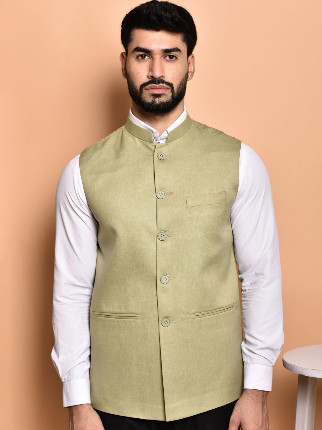 

PRINTCULTR Textured Woven Nehru Jacket, Khaki