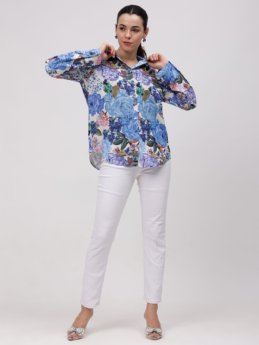 

Fashion Gaiia Women Comfort Spread Collar Floral Printed Party Shirt, Blue