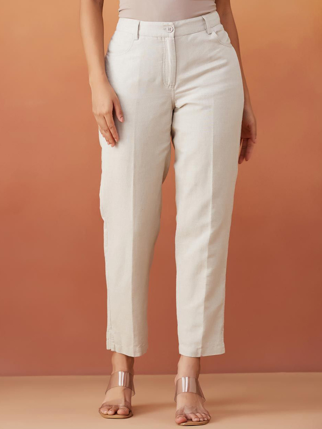 

Fabindia Women Solid Regular Trousers, Off white