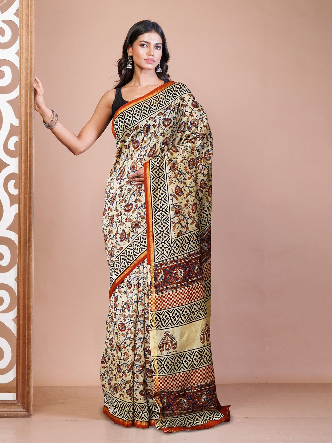 

Unnati Silks Kalamkari Printed Zari Handloom Chanderi Saree, Cream
