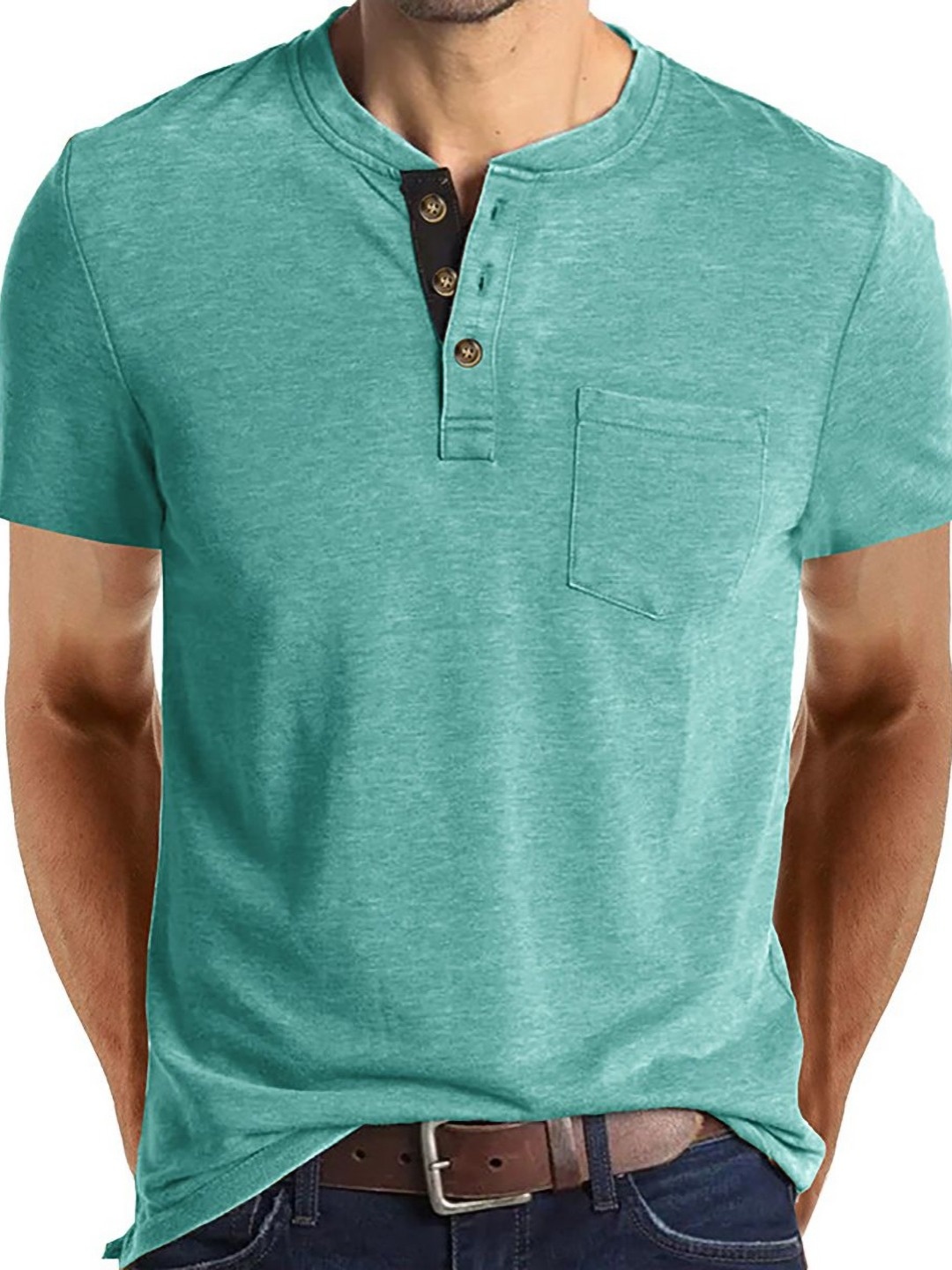 

StyleCast x Revolte Men Solid Henley Neck Oversized T-shirt, Green