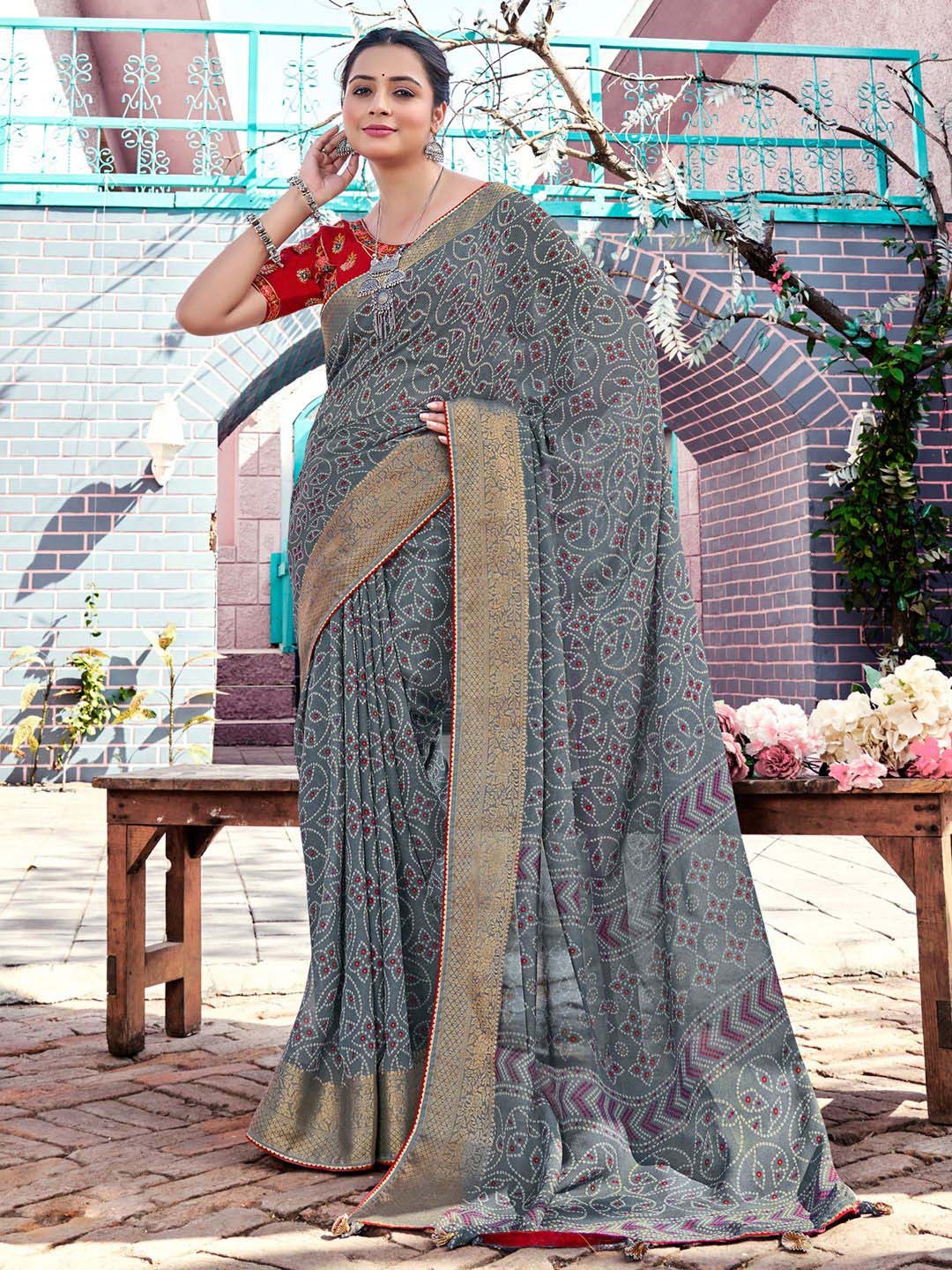 

Saree mall Bandhani Zari Bandhani Sarees, Charcoal