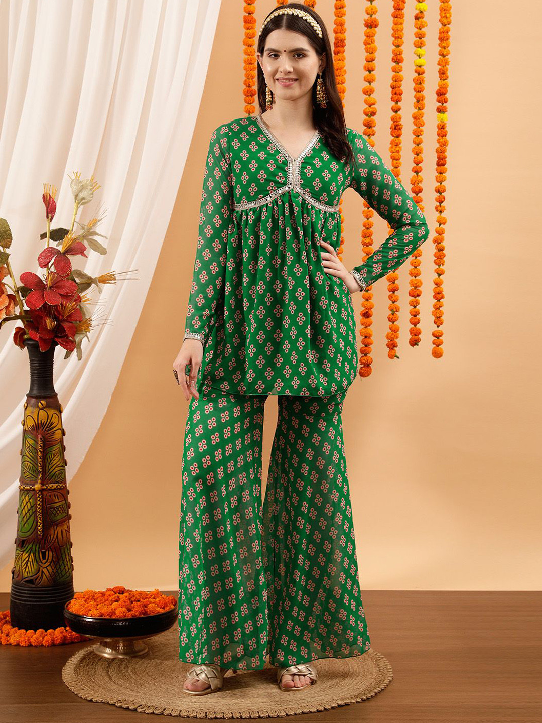 

indo street Women Printed Empire Kurti with Sharara, Green