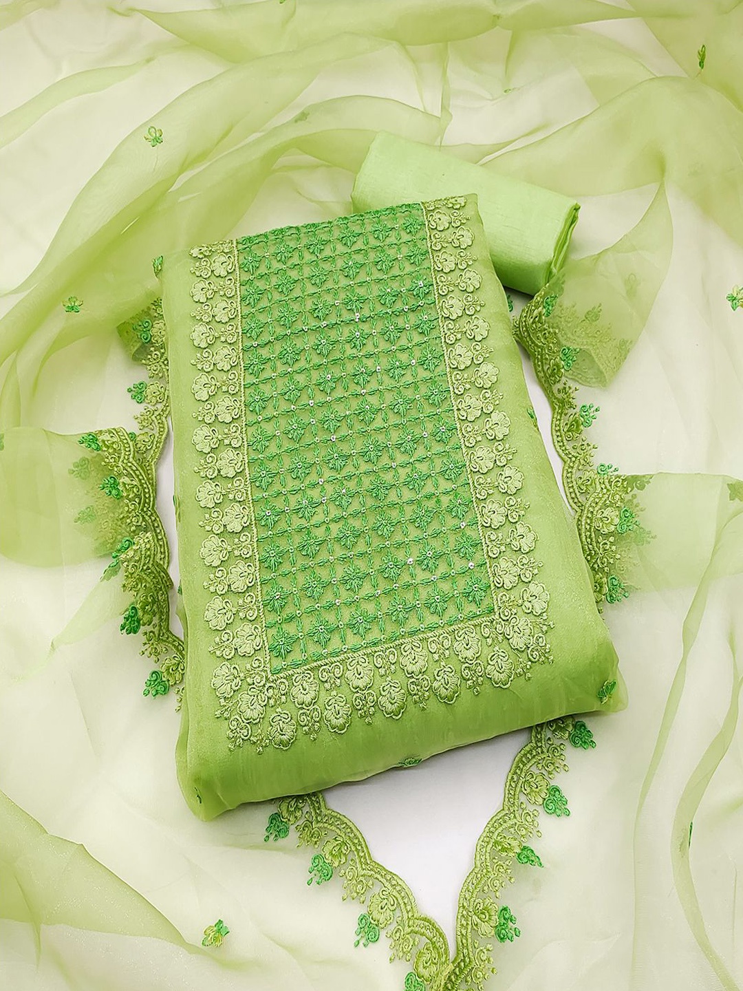

MISS VERVE Organza Unstitched Dress Material, Green