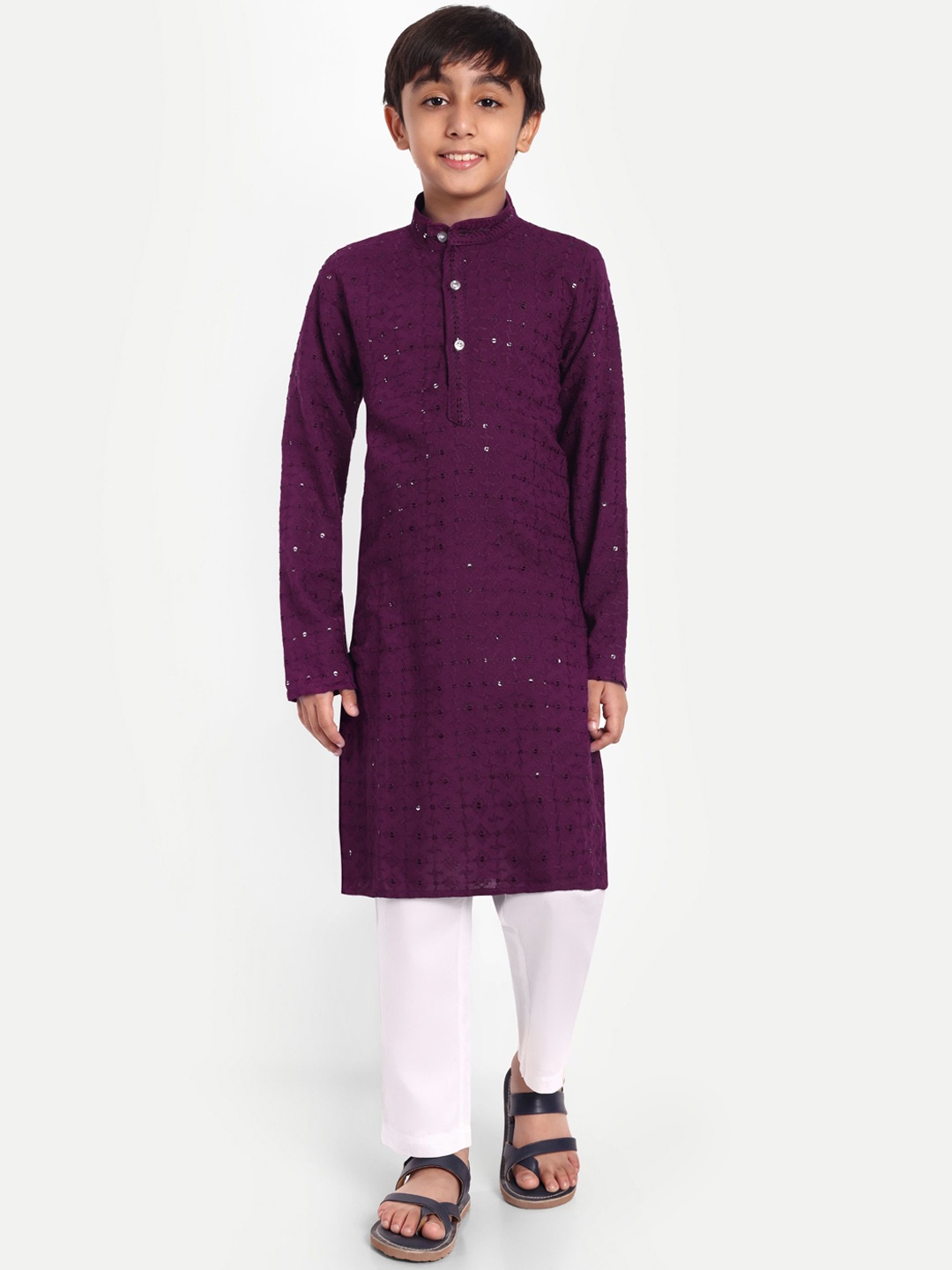 

FEBVIBE Boys Floral Embroidered Regular Pure Cotton Kurta with Pyjamas, Lavender