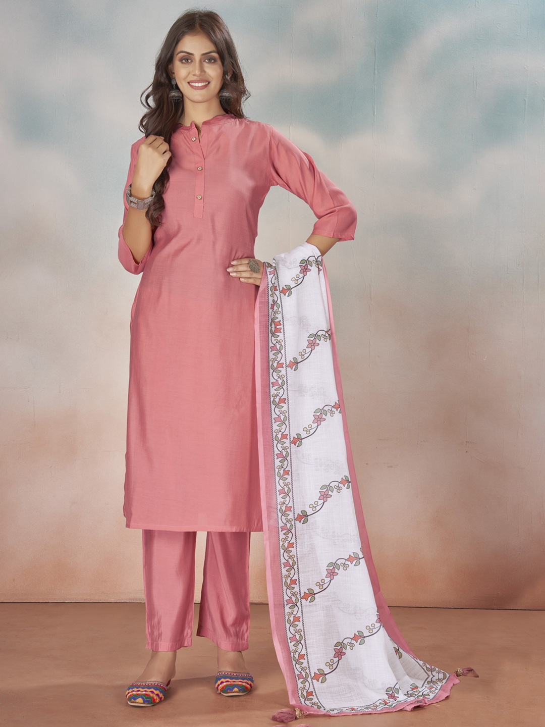 

STYLE SAMSARA Mandarin Collar Art Silk Regular Straight Kurta with Trousers & Dupatta, Pink