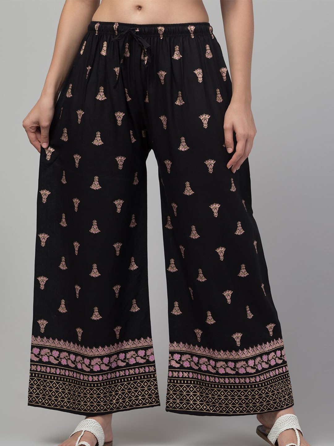

FAMBEE Women Ethnic Motifs Printed Flared Knitted Palazzos, Black