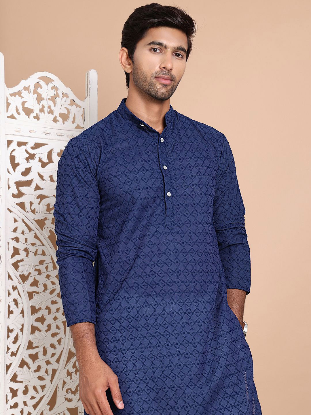 

Anouk Men Embroidered Regular Chikankari Pure Cotton Kurta with Pyjamas, Navy blue