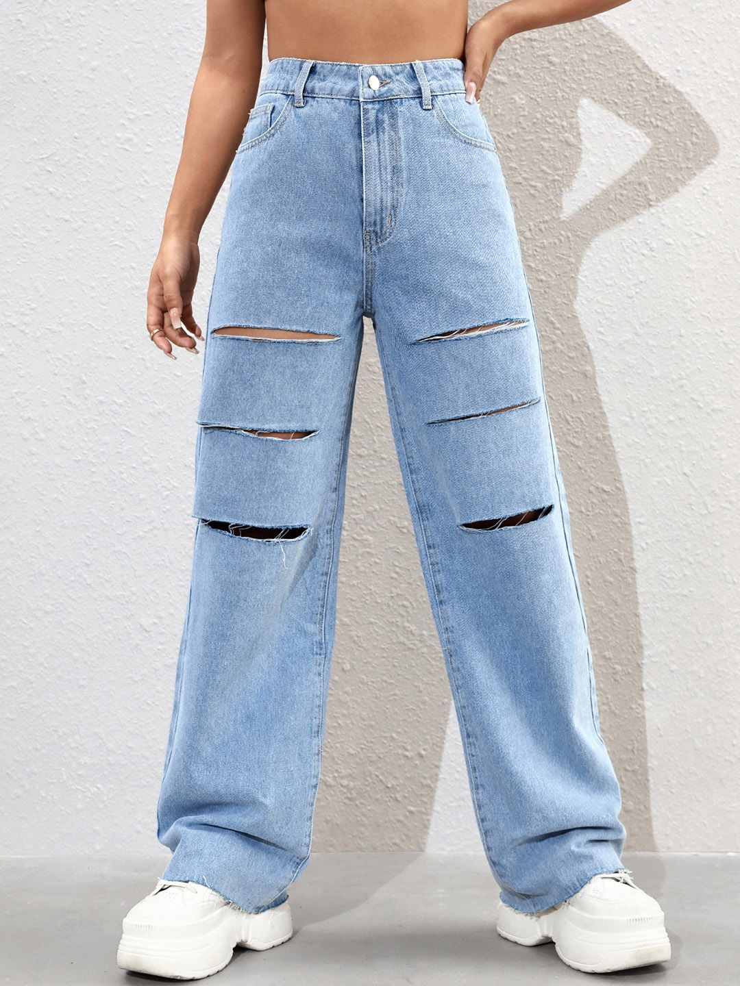 

Kotty Women Straight Fit High-Rise Slash Knee Stretchable Jeans, Blue