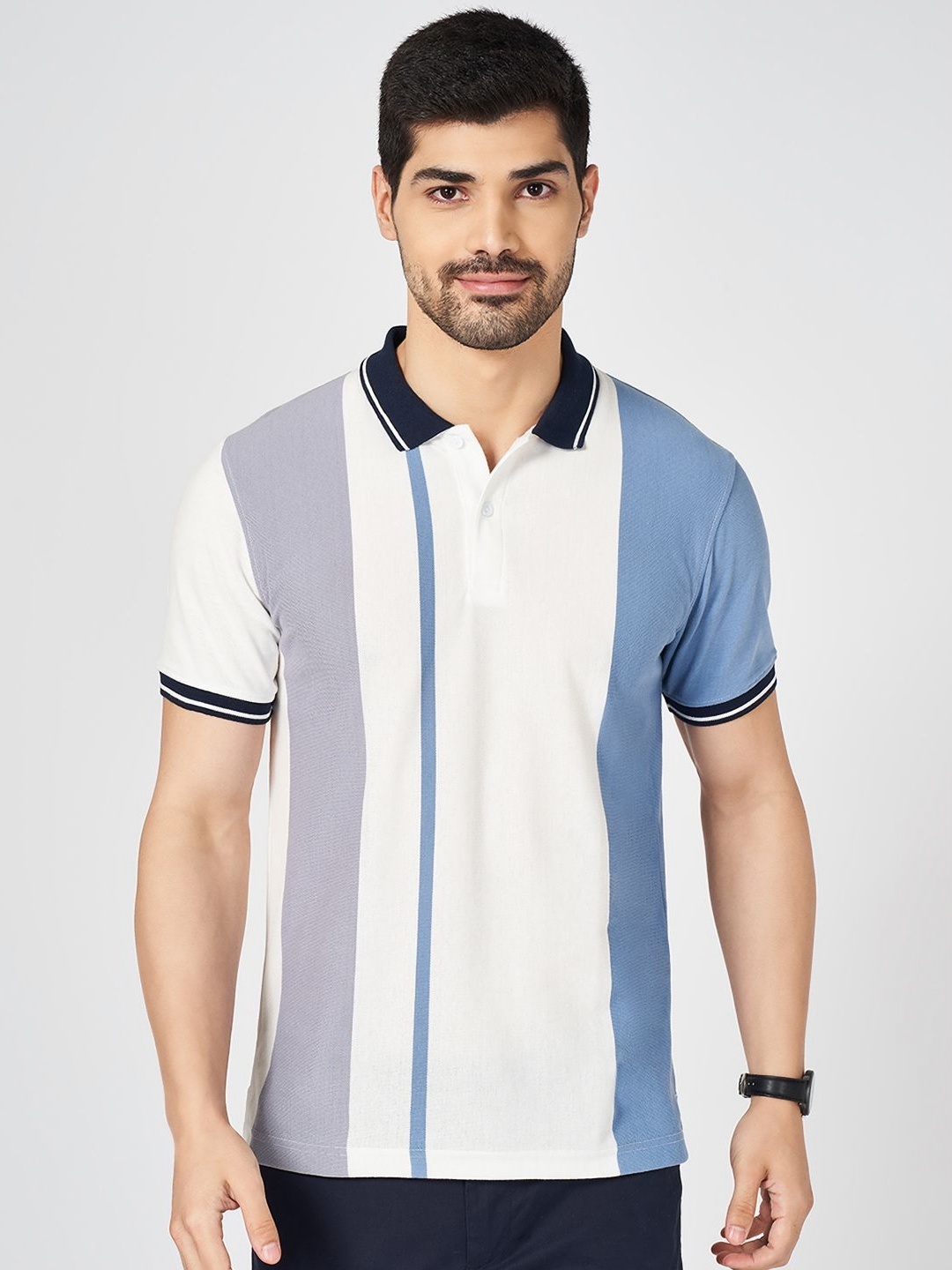 

BYFORD by Pantaloons Men Striped Polo Collar Cotton Slim Fit T-shirt, Blue