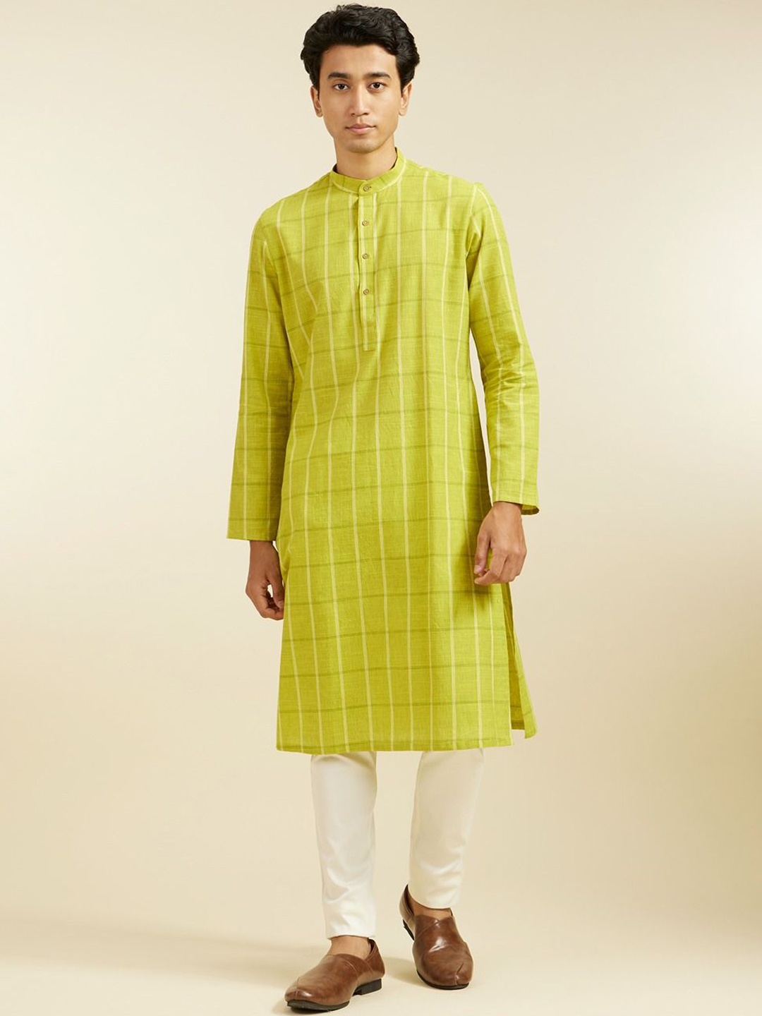 

Diwas by Manyavar Checked Mandarin Collar Cotton Straight Kurta, Green