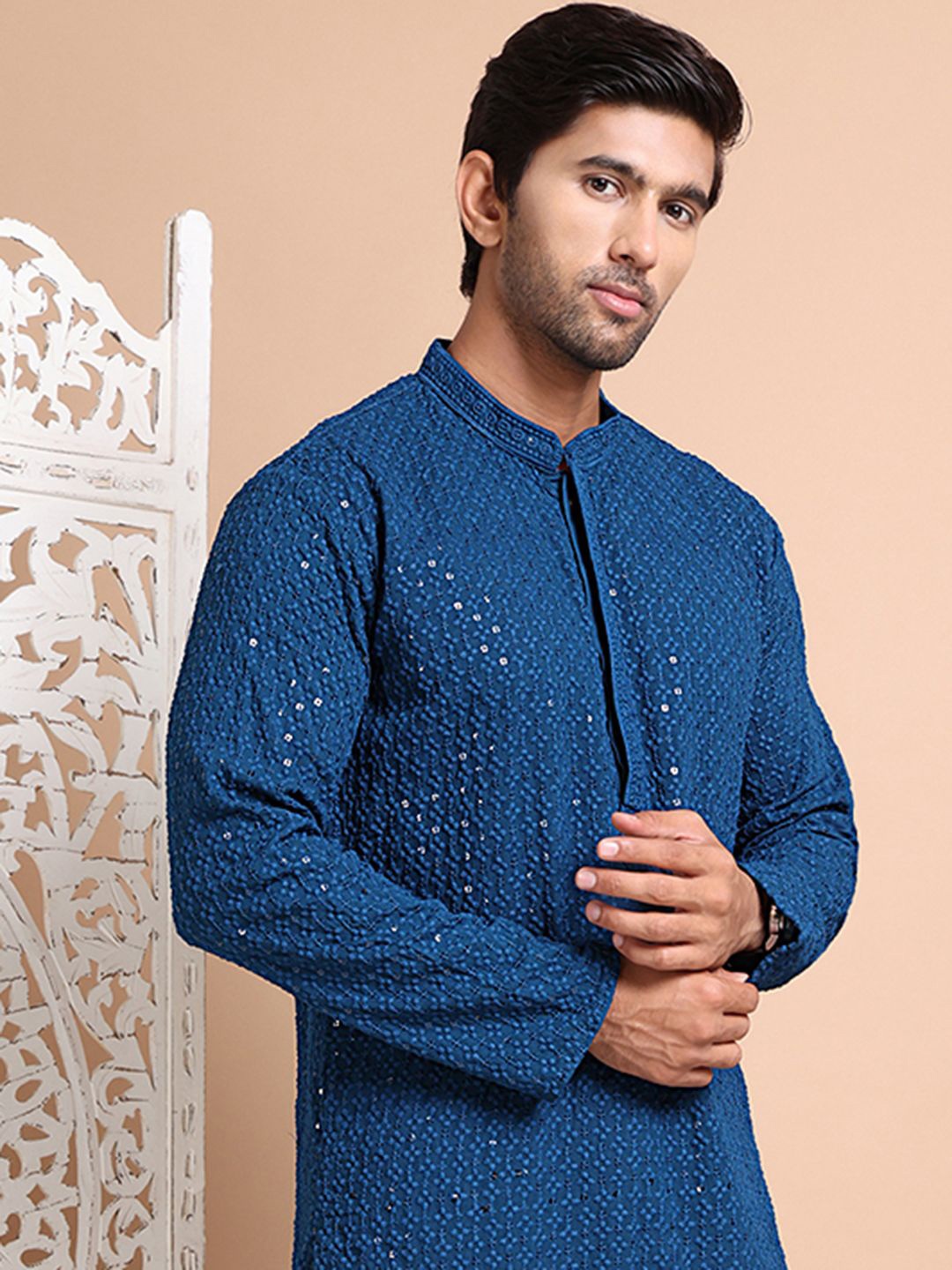 

Anouk Men Embroidered Regular Sequinned Pure Cotton Kurta with Pyjamas, Blue