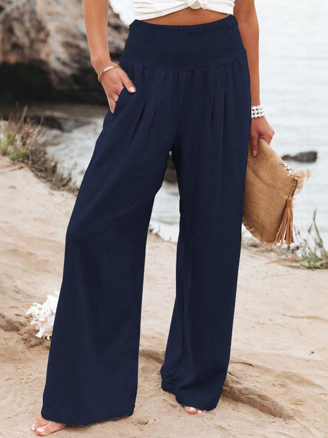 

KPOP Women High-Rise Wide Leg Flared Trousers, Navy blue