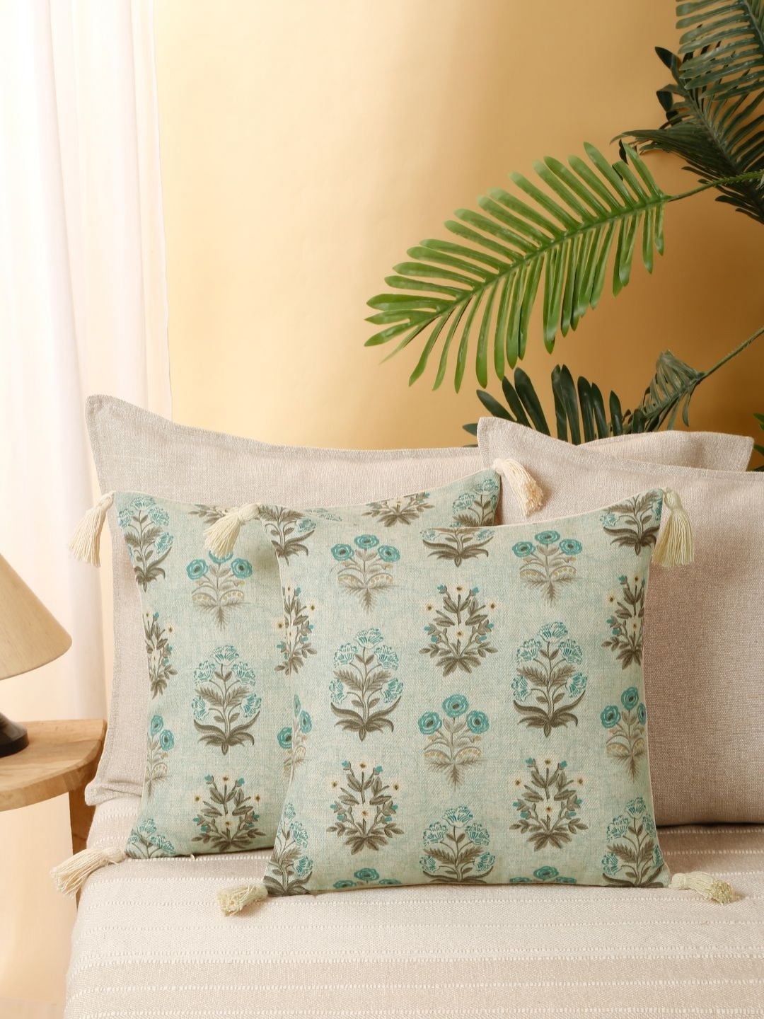 

eyda Green & Beige 2 Pieces Floral Printed Cushion Covers