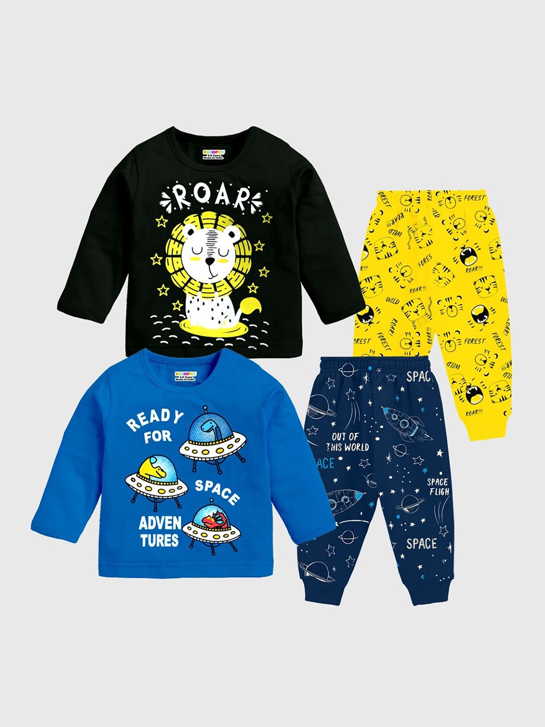 

KUCHIPOO Boys Pack of 2 Printed Round Neck T-shirt with Pyjamas Clothing Set, Blue