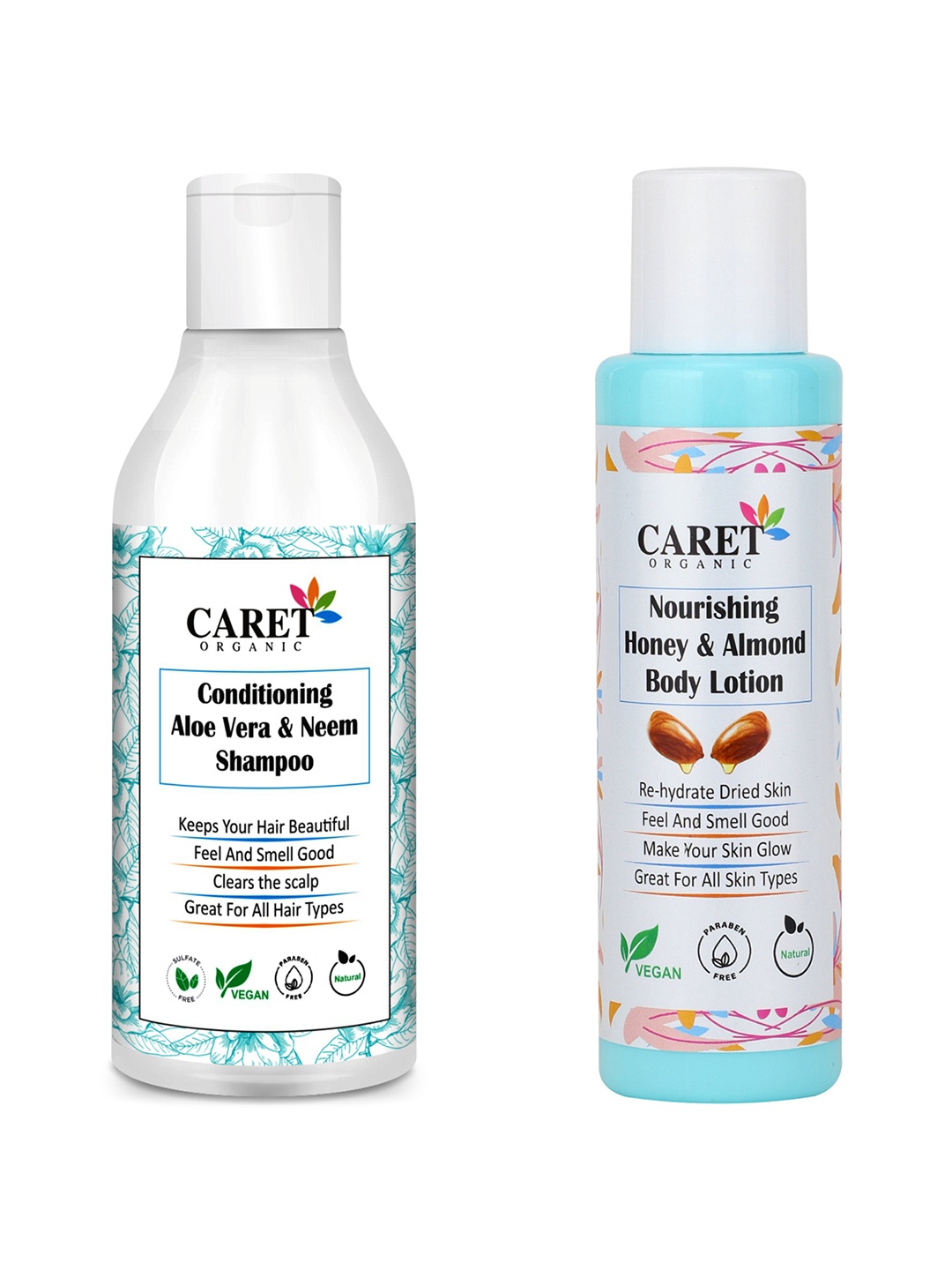 

CARET ORGANIC Aloe vera & Neem Shampoo-200 ml & Honey & Almond Body Lotion Combo-100 ml, White