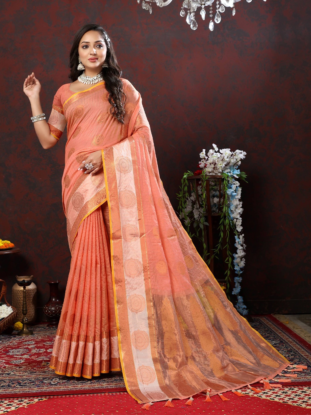 

Zeekha Woven Design Zari Pure Silk Kanjeevaram Saree, Orange
