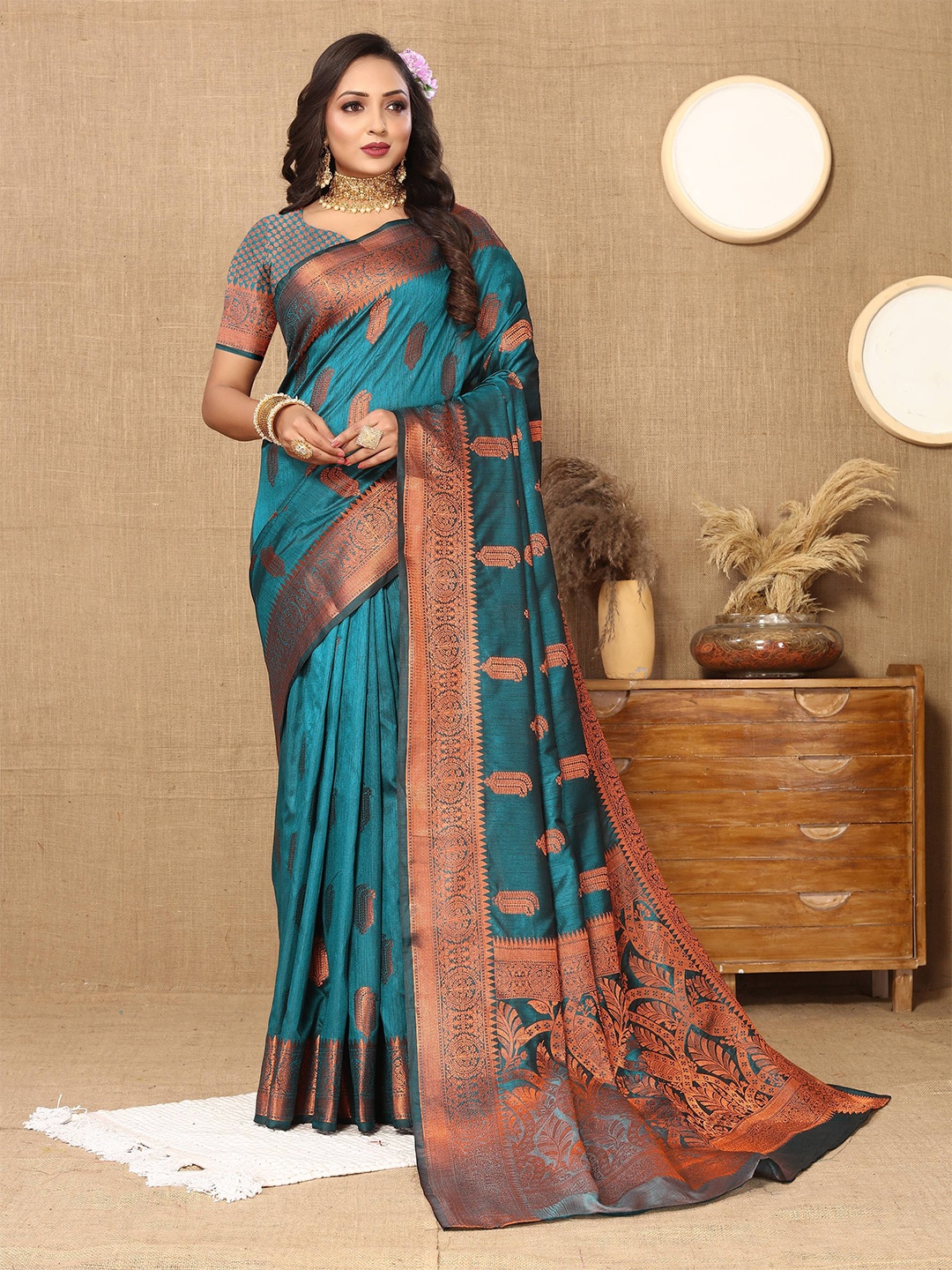 

Zeekha Woven Design Zari Pure Silk Kanjeevaram Saree, Lime green